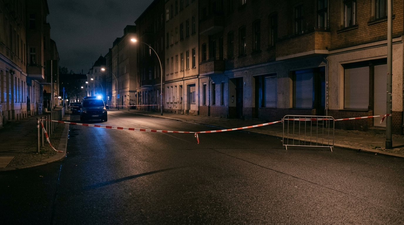 Autobrand in Charlottenburg: Blaulicht und Absperrband bei Nacht an einer menschenleeren Berliner Straße, saubere leere Fahrbahn ohne Gegenstände und ohne Spuren