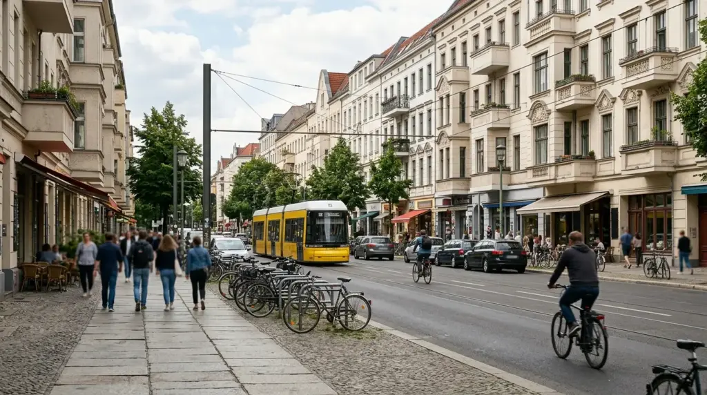 Straßenzug an der Badstraße in Berlin-Gesundbrunnen mit Altbauten, Gehwegen und schattigen Straßenbäumen.