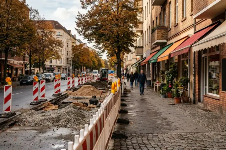 Baustelle mit Absperrbaken und aufgerissenem Gehweg in der Bahnhofstraße Lichtenrade vor Geschäften mit Markisen