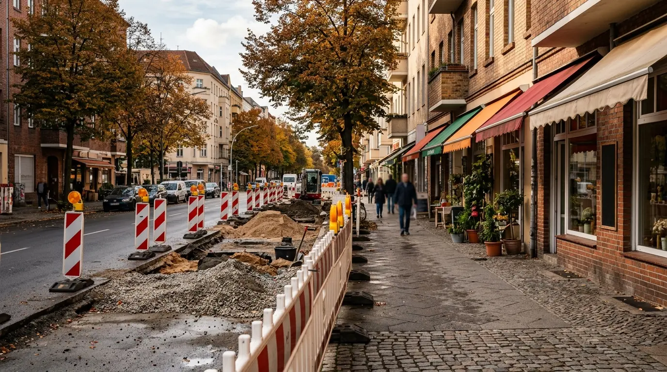 Baustelle mit Absperrbaken und aufgerissenem Gehweg in der Bahnhofstraße Lichtenrade vor Geschäften mit Markisen