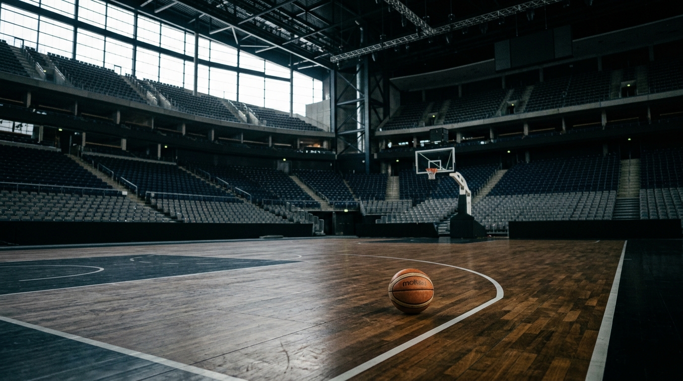 Basketball WM in Berlin: Basketball auf dem Hallenboden einer leeren Arena unter Flutlicht