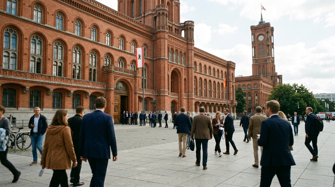 Bauministerkonferenz Berlin: Rotes Rathaus in Berlin-Mitte bei Tag, Tagungsort der 16 Länder-Bauminister im September 2026