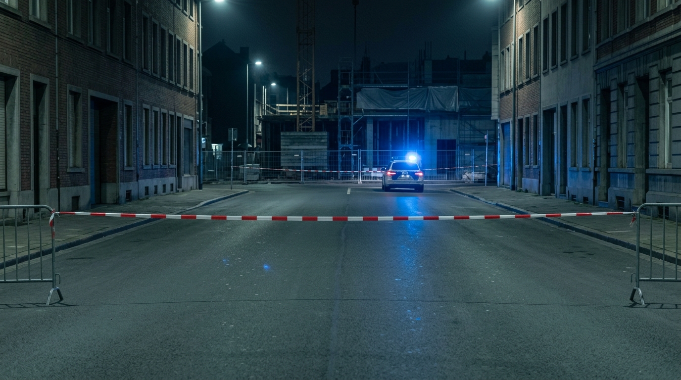 Baustellenbrand Bundeskanzleramt: Blaulicht und Absperrband bei Nacht an einer menschenleeren Berliner Straße, saubere leere Fahrbahn ohne Gegenstände und ohne Spuren