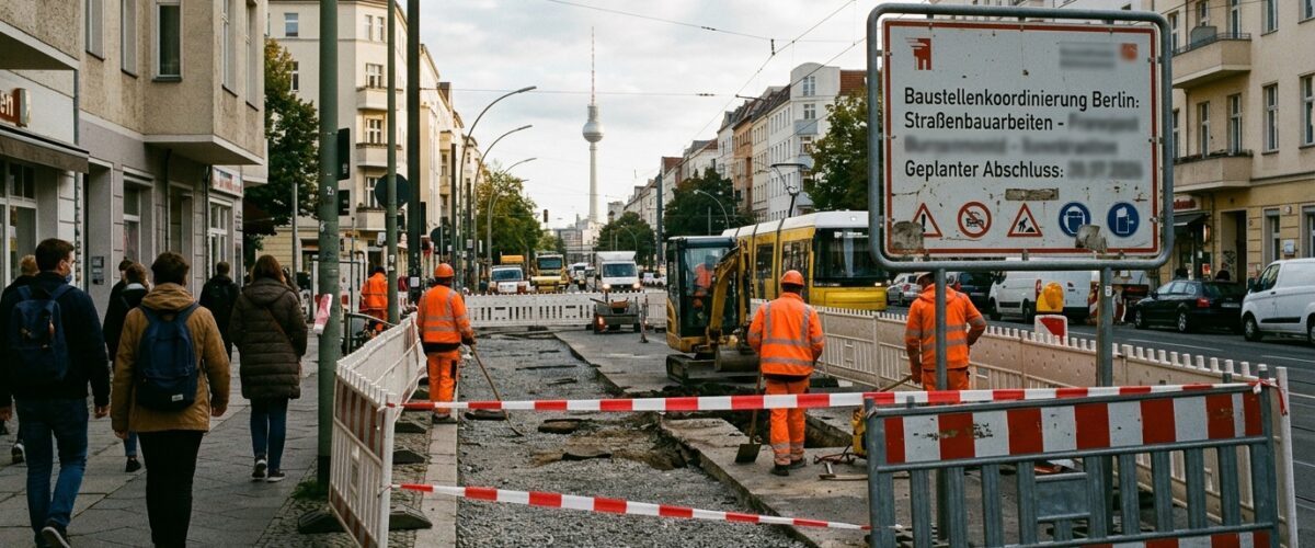Baustellenkoordinierung Berlin: Straßenbaustelle mit Absperrung und Bauschild in der Berliner Innenstadt, September 2026