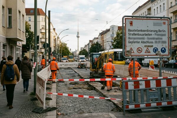 Baustellenkoordinierung Berlin: Straßenbaustelle mit Absperrung und Bauschild in der Berliner Innenstadt, September 2026