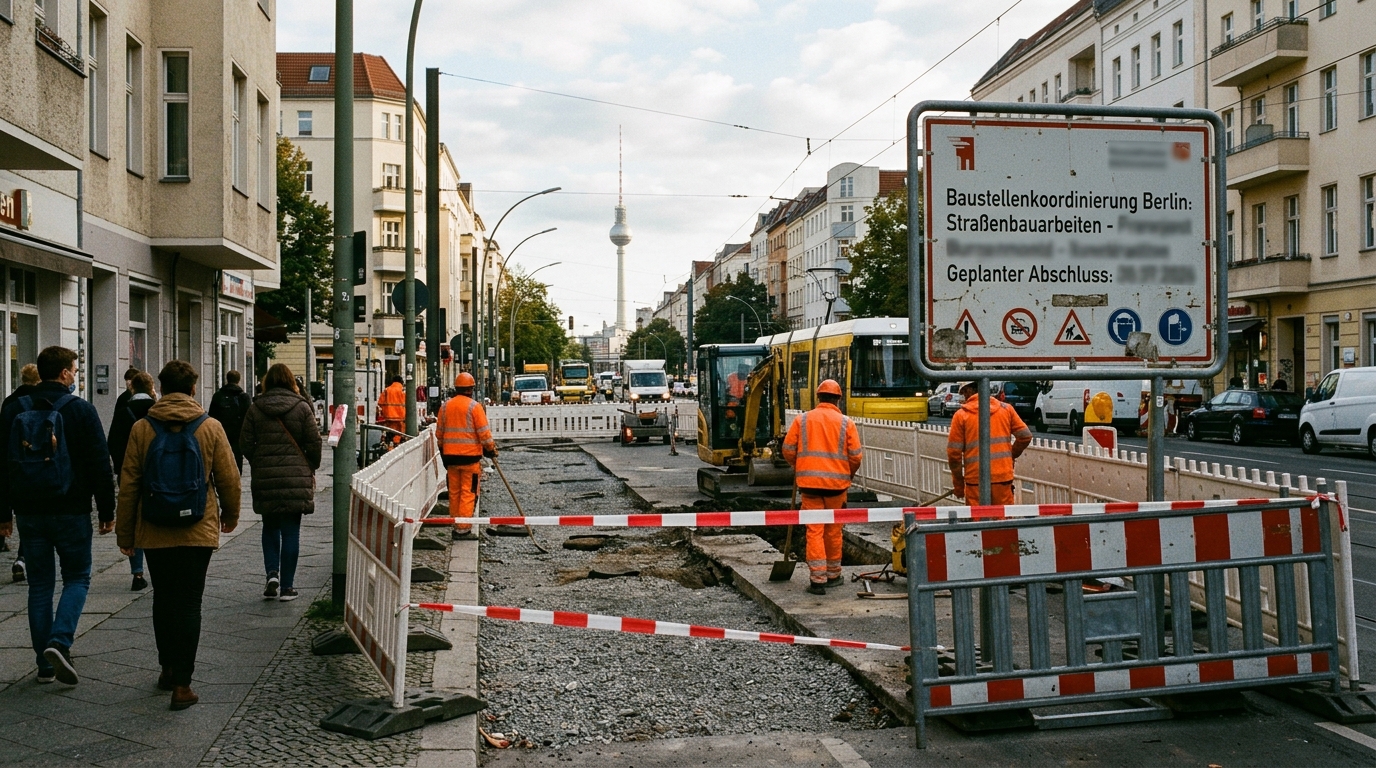 Baustellenkoordinierung Berlin: Straßenbaustelle mit Absperrung und Bauschild in der Berliner Innenstadt, September 2026