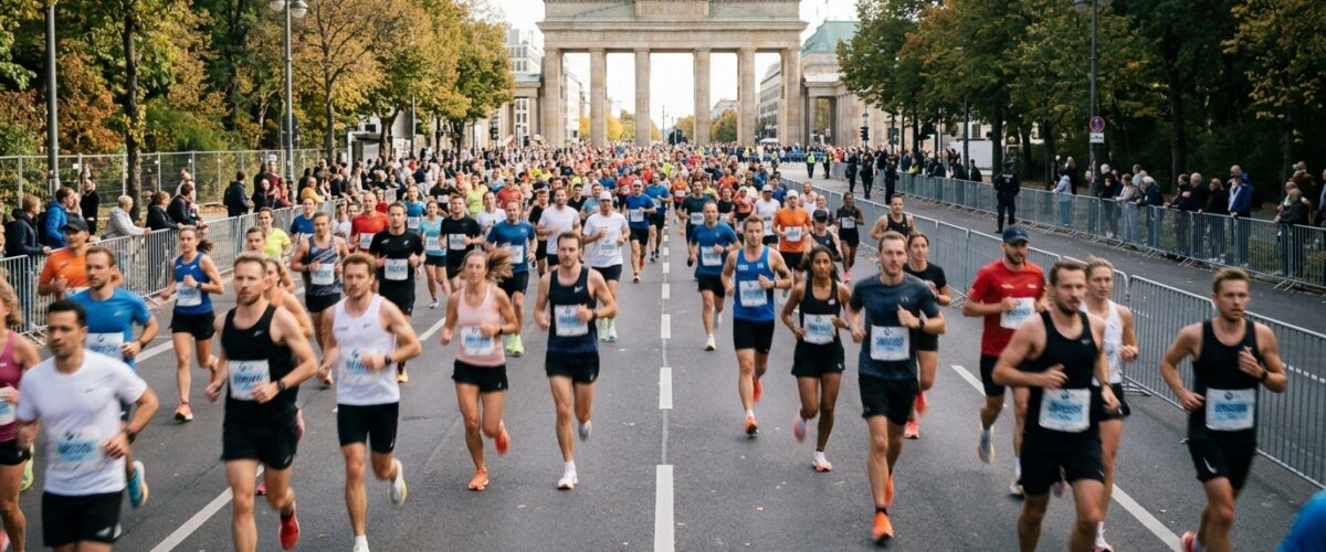 Berlin-Marathon Sperrungen: Läuferinnen und Läufer auf der abgesperrten Straße des 17. Juni Richtung Brandenburger Tor bei Tageslicht