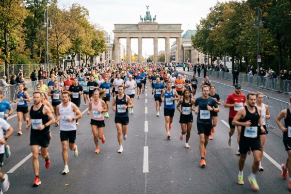 Berlin-Marathon Sperrungen: Läuferinnen und Läufer auf der abgesperrten Straße des 17. Juni Richtung Brandenburger Tor bei Tageslicht