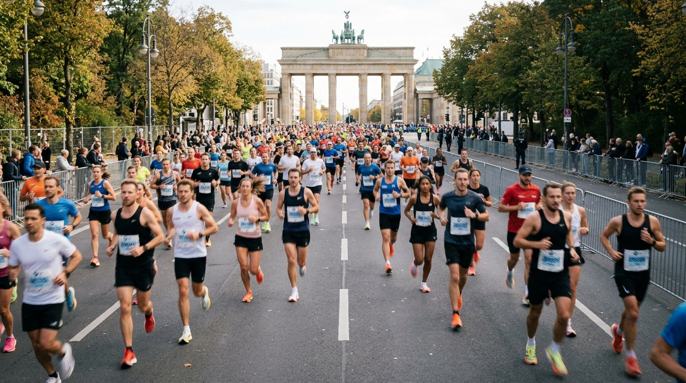 Berlin-Marathon Sperrungen: Läuferinnen und Läufer auf der abgesperrten Straße des 17. Juni Richtung Brandenburger Tor bei Tageslicht