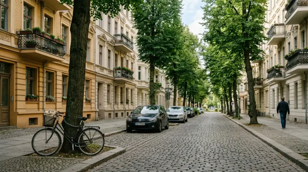 Altbauten aus der Gründerzeit mit Balkonen und grünen Bäumen an der ruhigen Rykestraße.