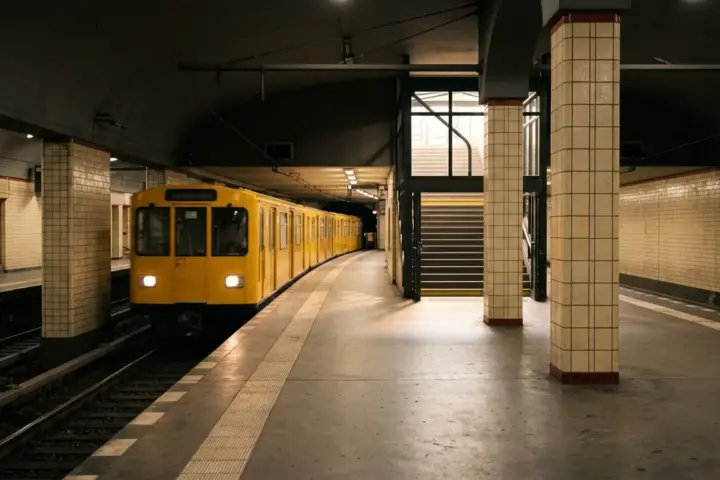 Gelber U-Bahn-Zug fährt in eine leere Berliner Station ein, nutzbar mit dem Berlin-Ticket S.