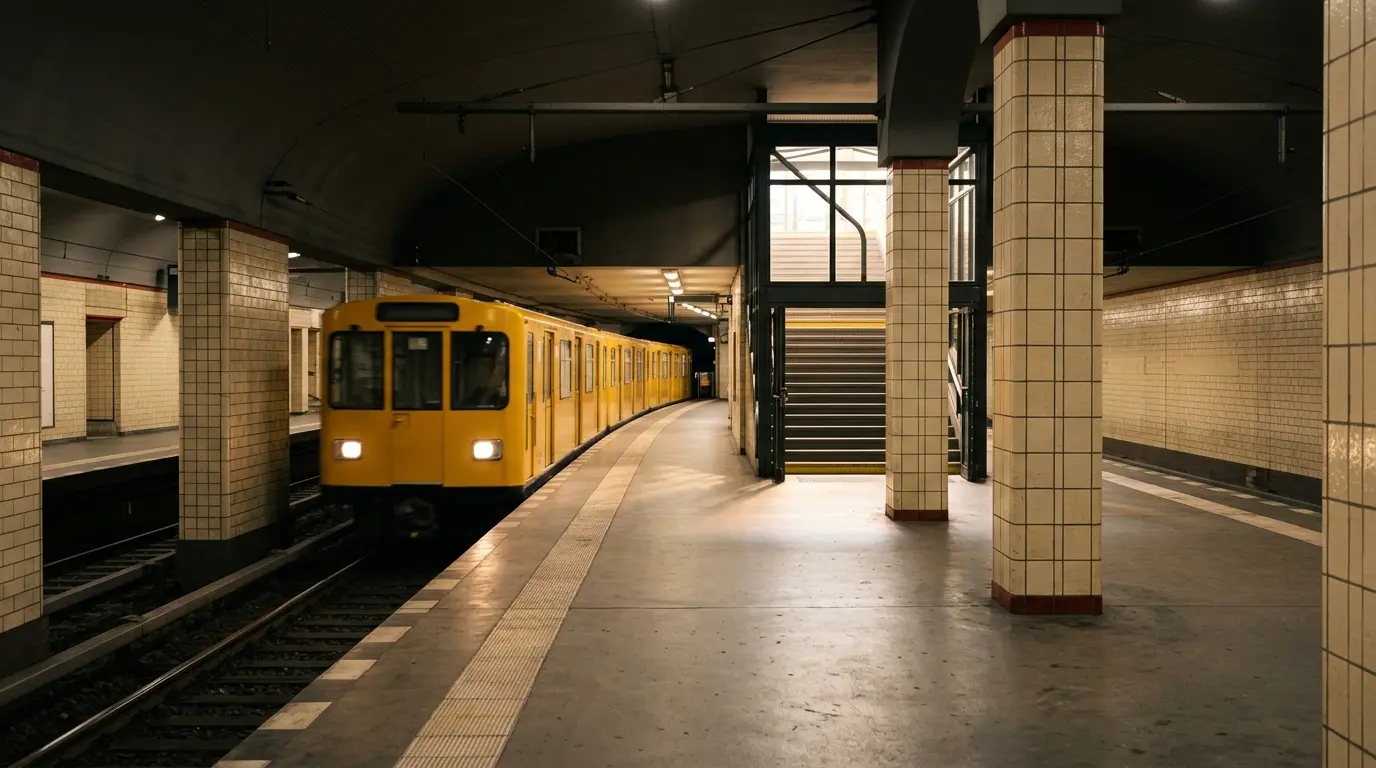 Gelber U-Bahn-Zug fährt in eine leere Berliner Station ein, nutzbar mit dem Berlin-Ticket S.