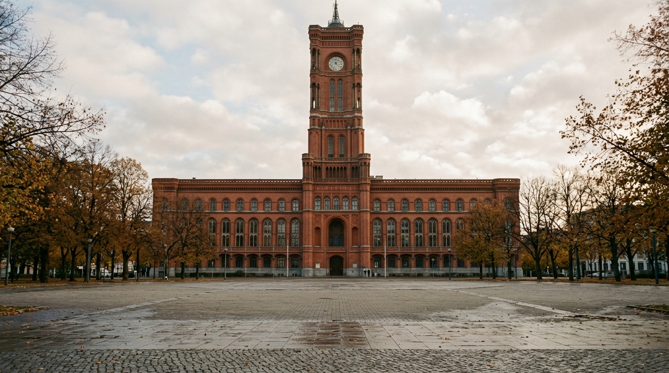 Rotes Rathaus in Berlin im Herbstlicht: Berlin zieht Olympiabewerbung zurück, Amtssitz des Regierenden Bürgermeisters, menschenleerer Vorplatz