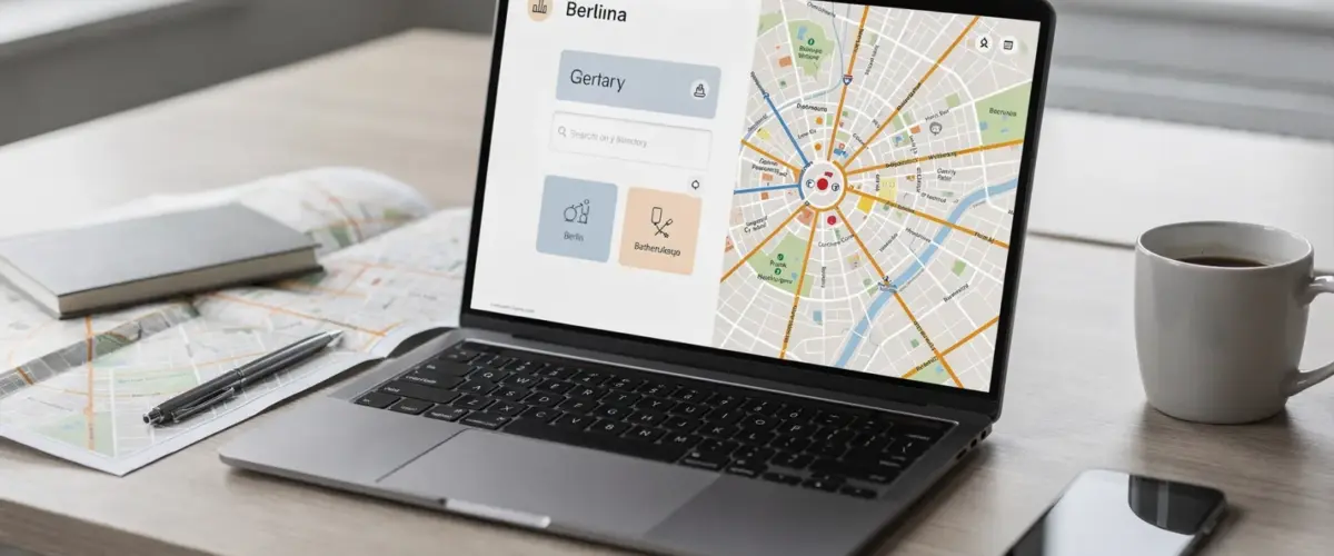 Suchergebnis im Berliner Branchenbuch auf einem Laptop neben Stadtplan und Schreibtischutensilien.