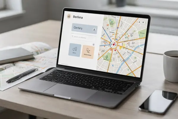 Suchergebnis im Berliner Branchenbuch auf einem Laptop neben Stadtplan und Schreibtischutensilien.