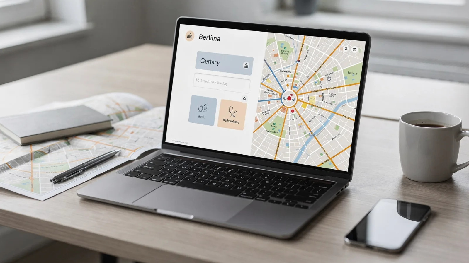 Suchergebnis im Berliner Branchenbuch auf einem Laptop neben Stadtplan und Schreibtischutensilien.