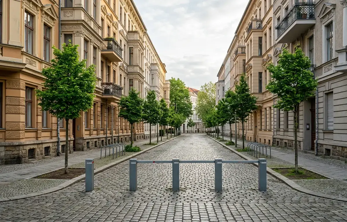 Kopfsteinpflaster und Poller verringern Durchgangsverkehr bei Kiezblocks Berlin vor Altbauten.