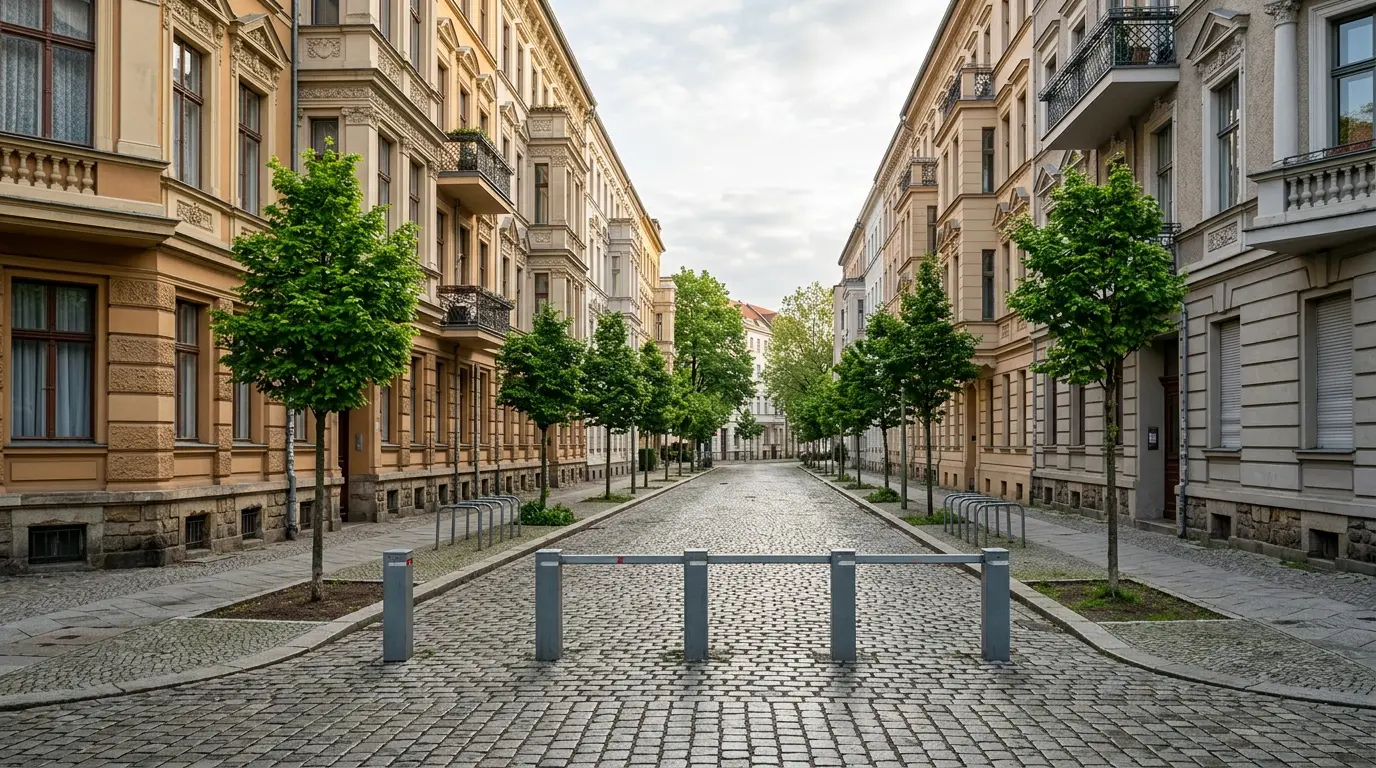 Kopfsteinpflaster und Poller verringern Durchgangsverkehr bei Kiezblocks Berlin vor Altbauten.