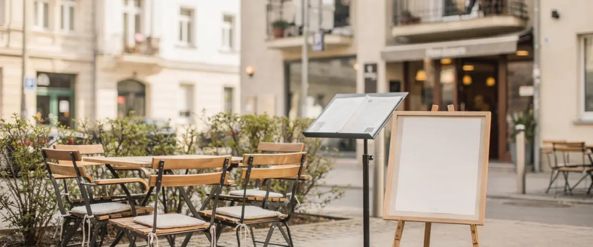 Außenbereich eines Berliner Cafés mit kleinen Tischen und daneben ein Restaurant-Eingang in der Innenstadt