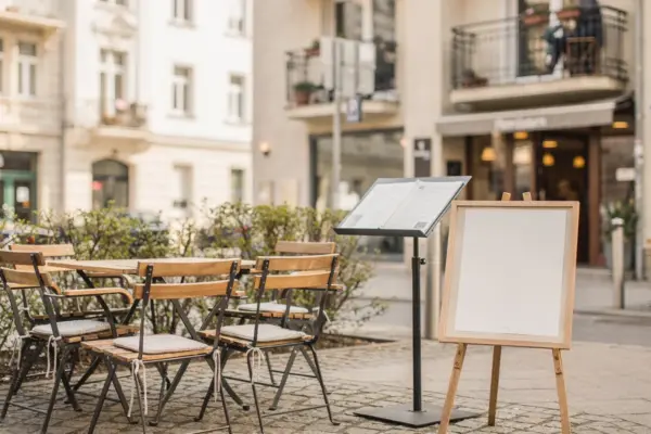 Außenbereich eines Berliner Cafés mit kleinen Tischen und daneben ein Restaurant-Eingang in der Innenstadt