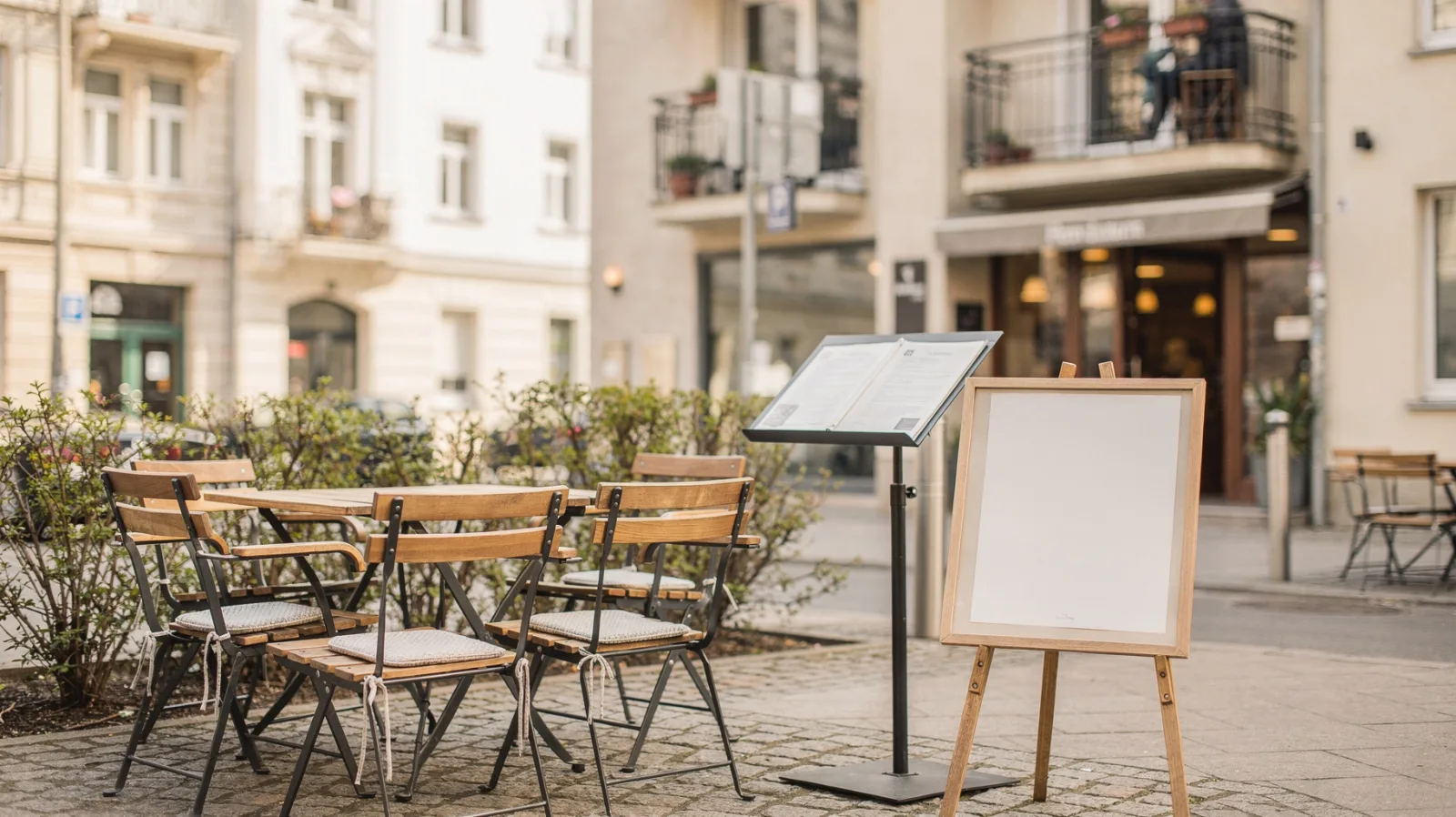 Außenbereich eines Berliner Cafés mit kleinen Tischen und daneben ein Restaurant-Eingang in der Innenstadt