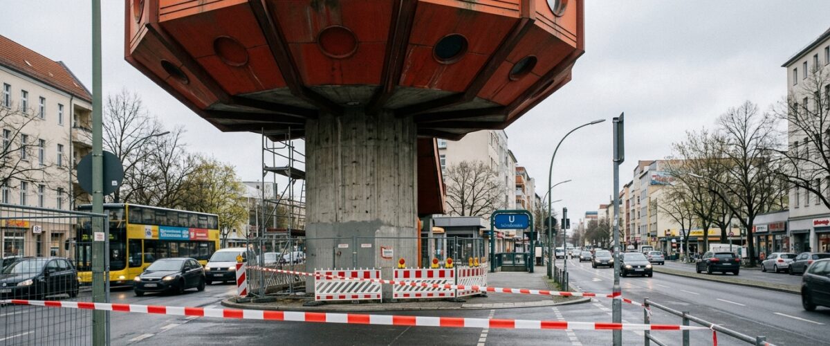 Bierpinsel Steglitz: rundlicher Turmbau auf einer Betonstelze an der Schildhornstraße, Absperrband im Vordergrund, menschenleer, Tageslicht