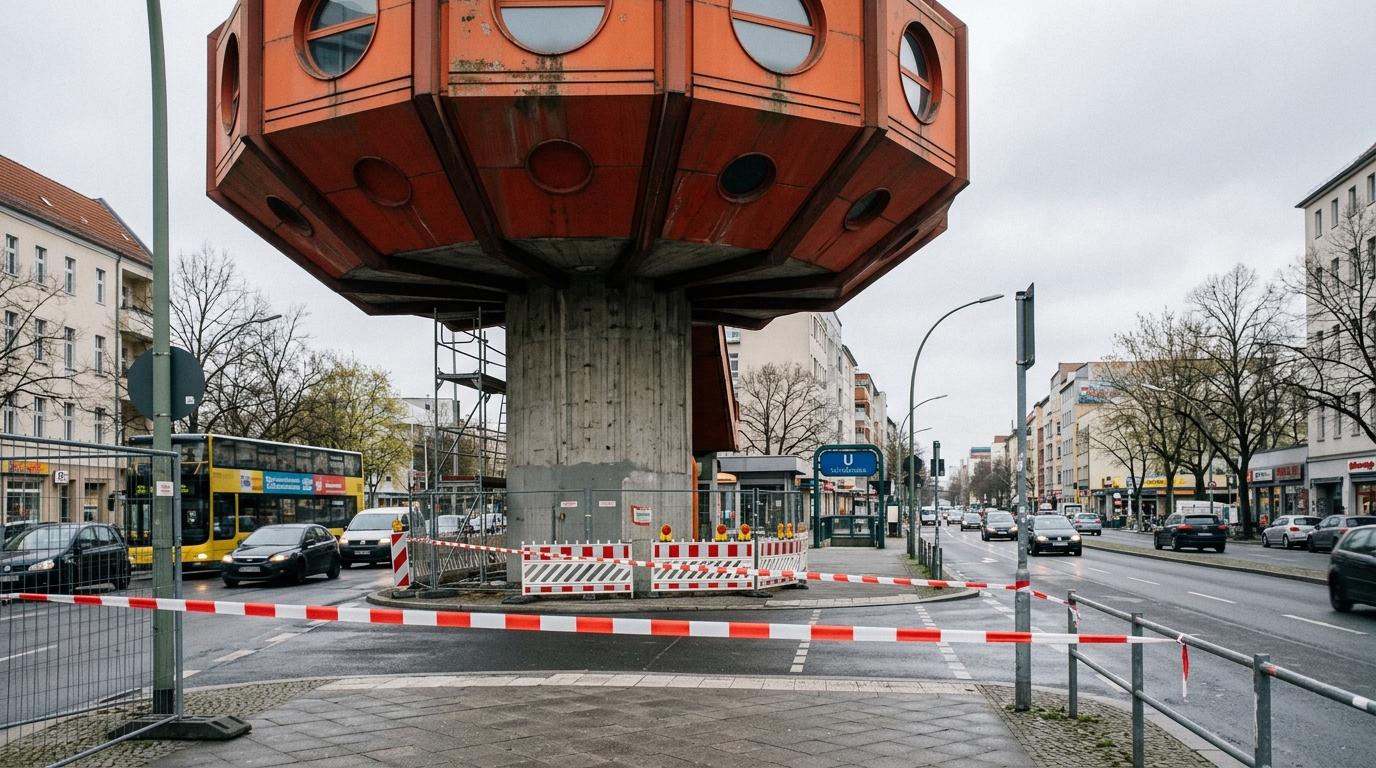 Bierpinsel Steglitz: rundlicher Turmbau auf einer Betonstelze an der Schildhornstraße, Absperrband im Vordergrund, menschenleer, Tageslicht