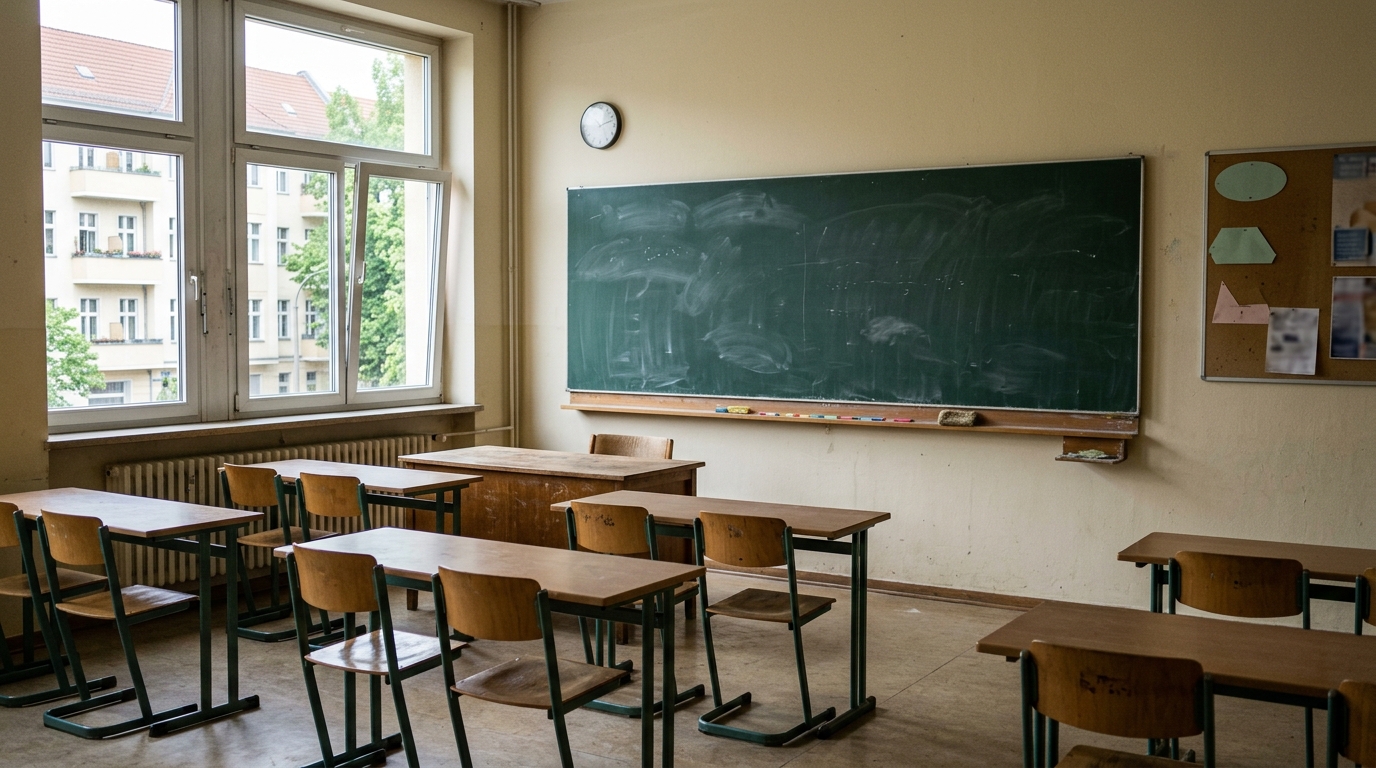 Bildungspolitik Berlin: Leeres Klassenzimmer einer Berliner Schule mit Tafel und Schulbänken