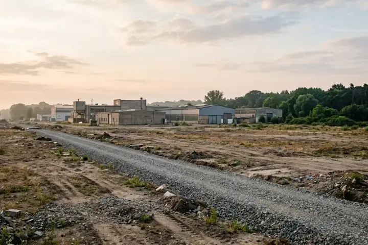 Weite Brachfläche mit flachen Gewerbehallen und Schottertrasse im künftigen Quartier Blankenburger Süden.