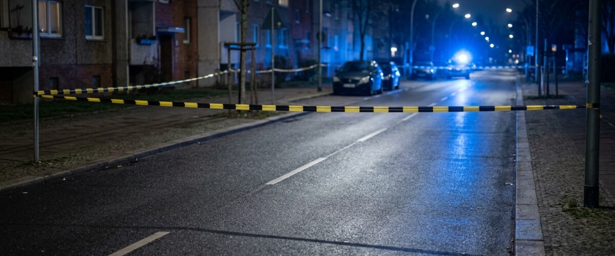 Brandstiftung Wohnmobile Marzahn: Blaulicht und Absperrband bei Nacht an einer menschenleeren Berliner Straße, saubere leere Fahrbahn ohne Gegenstände und ohne Spuren