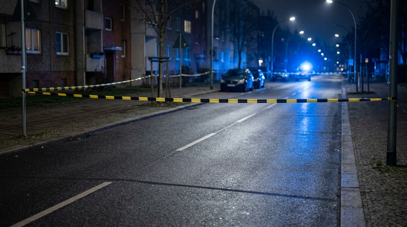 Brandstiftung Wohnmobile Marzahn: Blaulicht und Absperrband bei Nacht an einer menschenleeren Berliner Straße, saubere leere Fahrbahn ohne Gegenstände und ohne Spuren