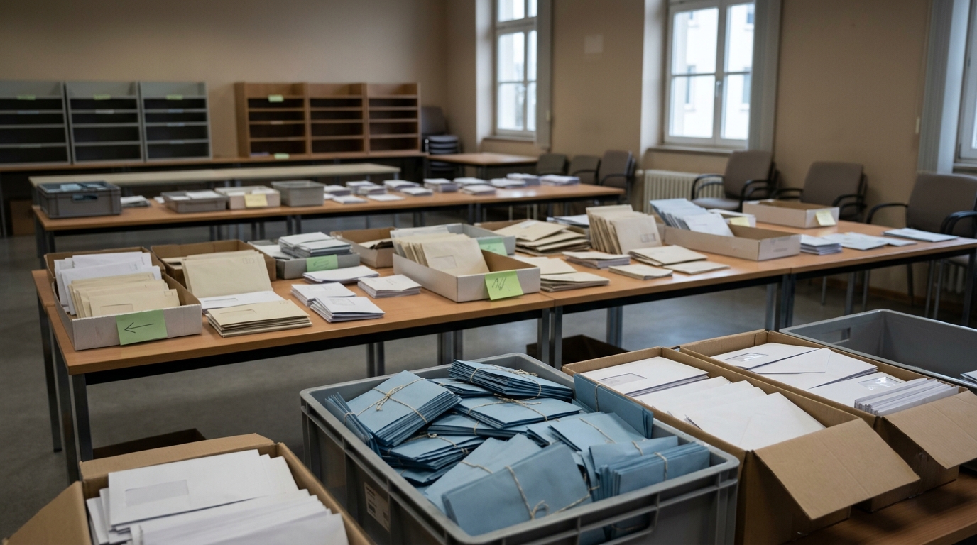 Briefwahl-Panne Charlottenburg-Wilmersdorf: Wahlbriefe und Stimmzettel auf einem Tisch im Bezirkswahlamt vor der Berlin-Wahl am 20. September 2026