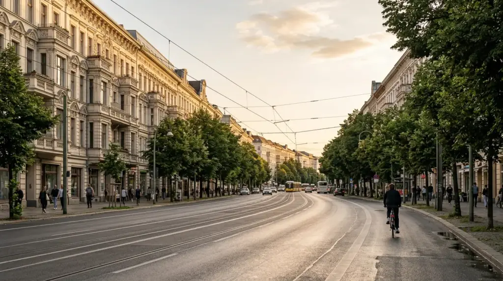 Straßenzug der Brunnenstraße mit stuckverzierten Altbauten, Straßenbäumen und Tramschienen im Nachmittagslicht.