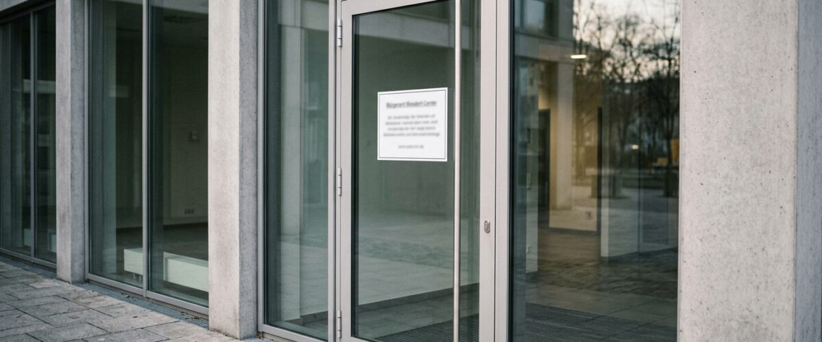 Bürgeramt Biesdorf-Center: geschlossene Eingangstür eines Berliner Bürgeramts mit Hinweisschild, menschenleer bei Tageslicht