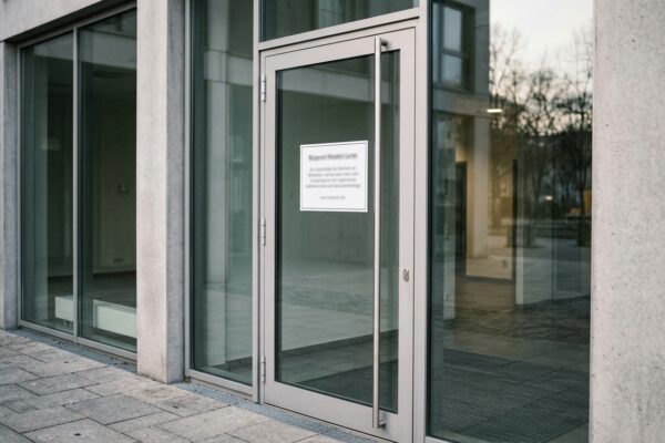 Bürgeramt Biesdorf-Center: geschlossene Eingangstür eines Berliner Bürgeramts mit Hinweisschild, menschenleer bei Tageslicht