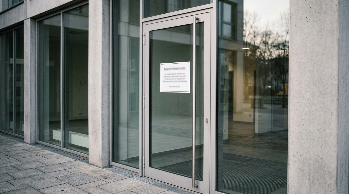 Bürgeramt Biesdorf-Center: geschlossene Eingangstür eines Berliner Bürgeramts mit Hinweisschild, menschenleer bei Tageslicht