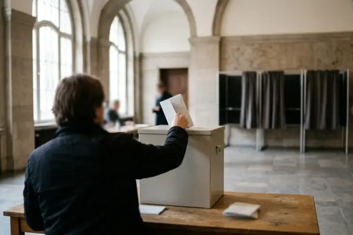 Stimmabgabe an einer schlichten Wahlurne bei der BVV-Wahl Berlin 2026 im Wahllokal eines Bezirksgebäudes.