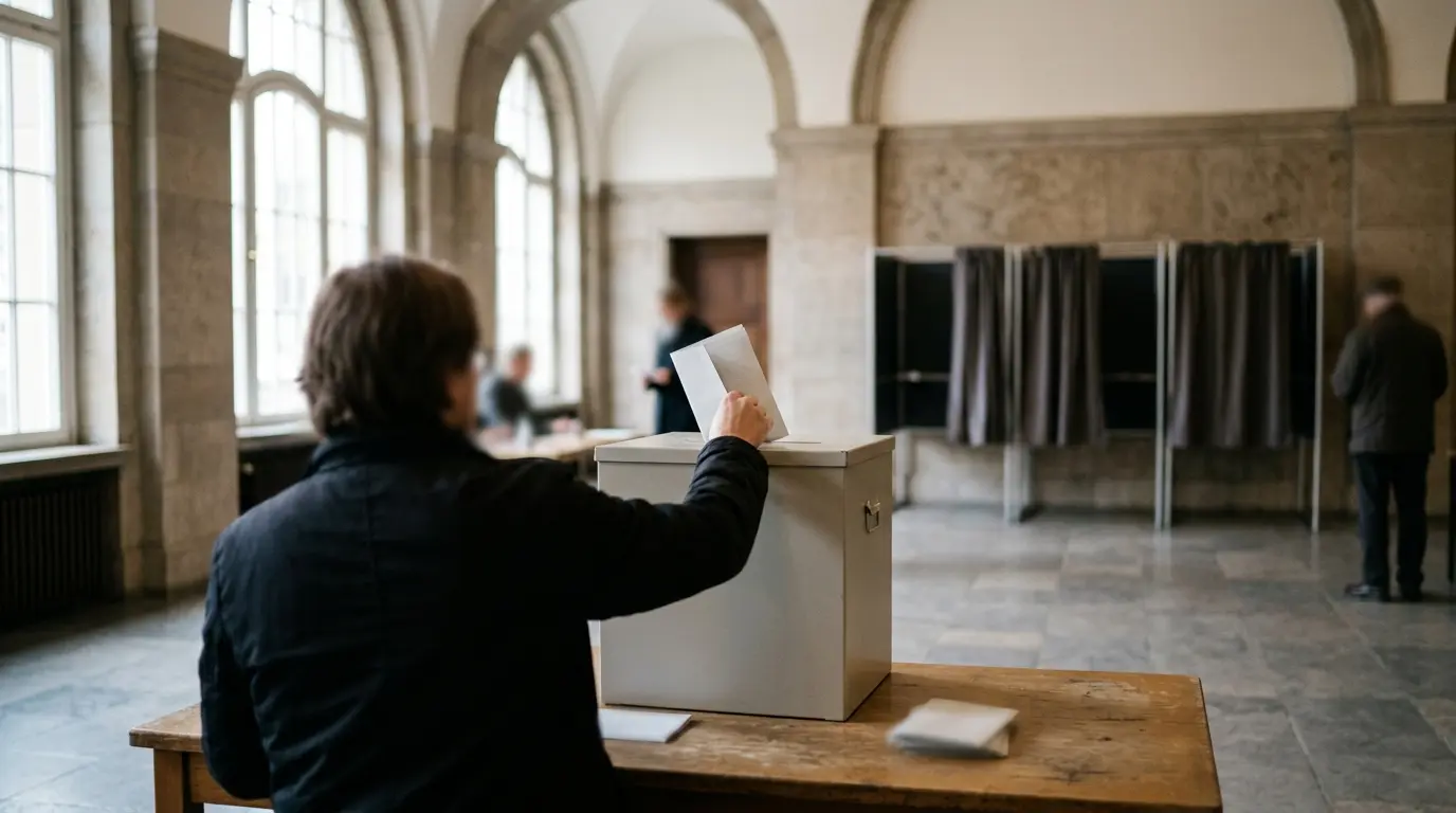 Stimmabgabe an einer schlichten Wahlurne bei der BVV-Wahl Berlin 2026 im Wahllokal eines Bezirksgebäudes.