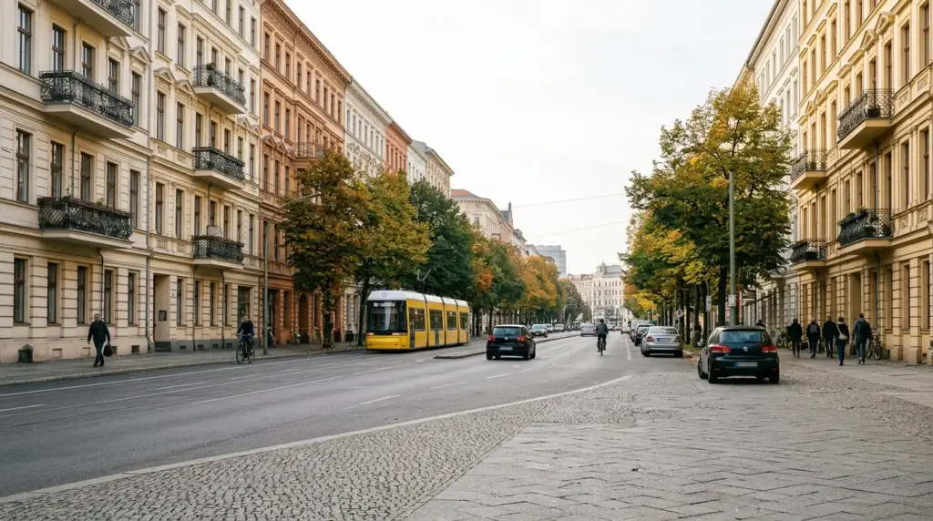 Breite Chausseestraße in Berlin mit Altbaufassaden, Straßenbäumen und weitläufigen Gehwegen am Morgen.