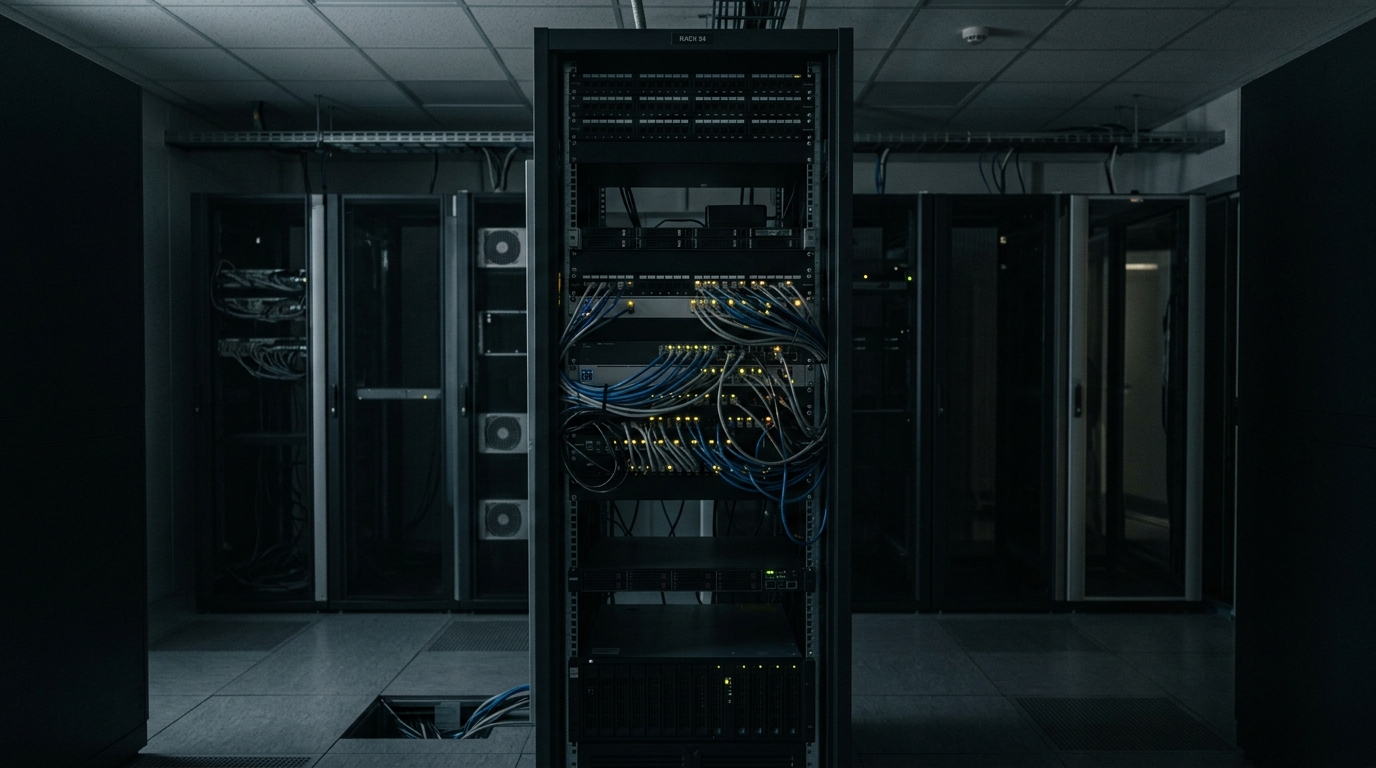 Serverschrank mit blinkenden Netzwerkkabeln in einem menschenleeren Rechenzentrum bei Nacht, ohne lesbare Bildschirminhalte, Symbolbild zum Cyberangriff Landesnetz Berlin