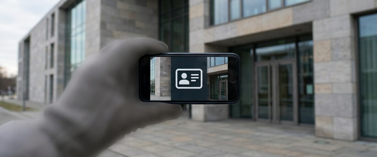 D-You-Wallet: Smartphone mit digitalem Ausweis-Symbol vor dem Bundesministerium für Digitales in Berlin
