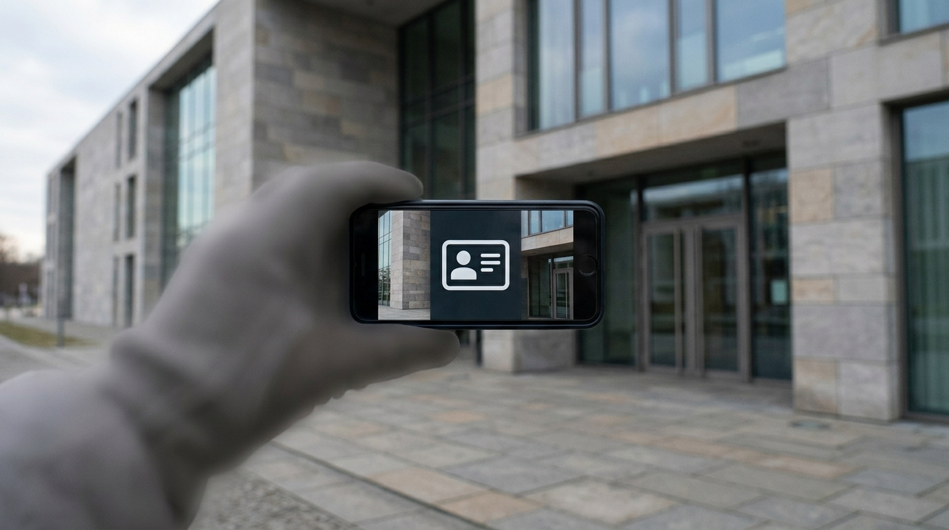 D-You-Wallet: Smartphone mit digitalem Ausweis-Symbol vor dem Bundesministerium für Digitales in Berlin