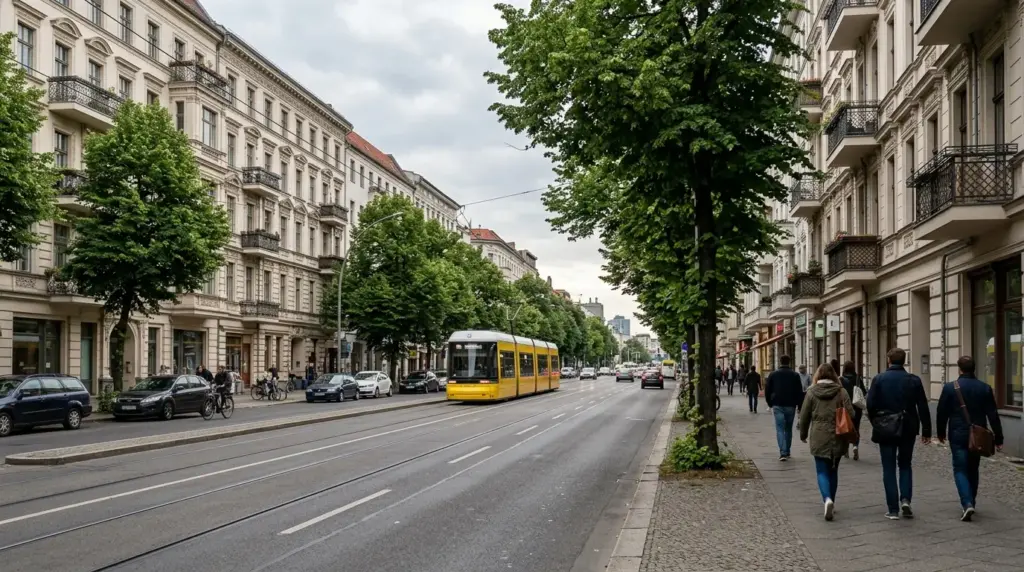 Straßenzug der Danziger Straße mit Straßenbahnschienen in der Mitte, Lindenbäumen und mehrstöckigen Altbauten.