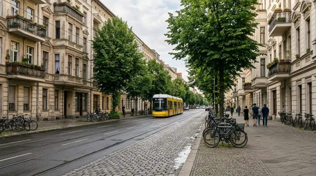 Breite Eberswalder Straße mit Straßenbahnschienen, Altbaufassaden und Bäumen im Nachmittagslicht.
