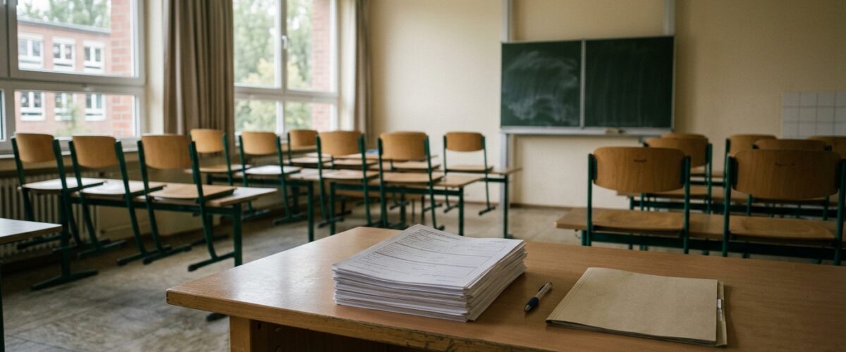 Einschulungsuntersuchungen Marzahn-Hellersdorf: leeres Klassenzimmer mit Stapel von Untersuchungsbögen auf dem Lehrertisch, ohne Personen, ohne Kinder