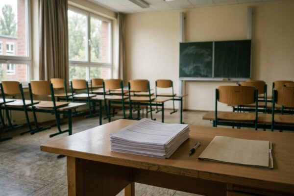 Einschulungsuntersuchungen Marzahn-Hellersdorf: leeres Klassenzimmer mit Stapel von Untersuchungsbögen auf dem Lehrertisch, ohne Personen, ohne Kinder