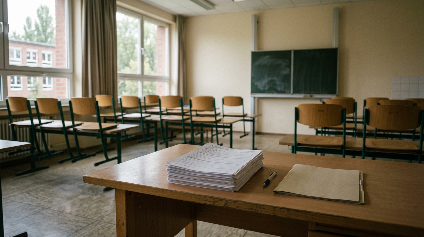 Einschulungsuntersuchungen Marzahn-Hellersdorf: leeres Klassenzimmer mit Stapel von Untersuchungsbögen auf dem Lehrertisch, ohne Personen, ohne Kinder