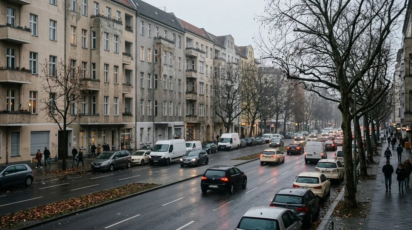 Dichter Verkehr auf einer Berliner Hauptstraße vor Altbaufassaden an einem trüben Nachmittag im Dunst.