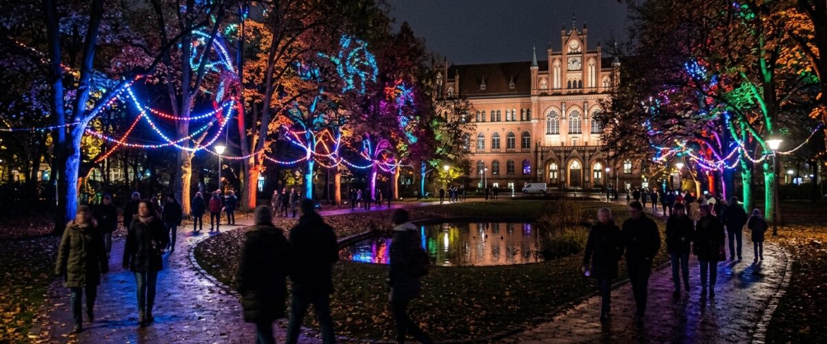 Festival of Lights im Rathauspark: bunt illuminierter Park in Berlin-Lichtenberg bei Nacht mit Lichtinstallationen zwischen Bäumen
