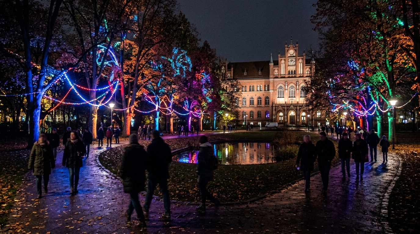 Festival of Lights im Rathauspark: bunt illuminierter Park in Berlin-Lichtenberg bei Nacht mit Lichtinstallationen zwischen Bäumen